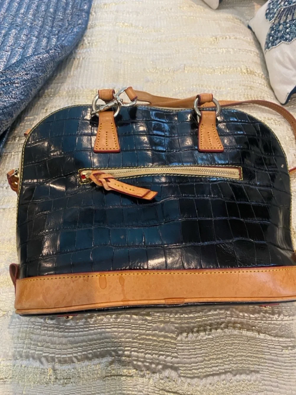 Dooney & Bourke Black Croc-Embossed Satchel with Tan Trim